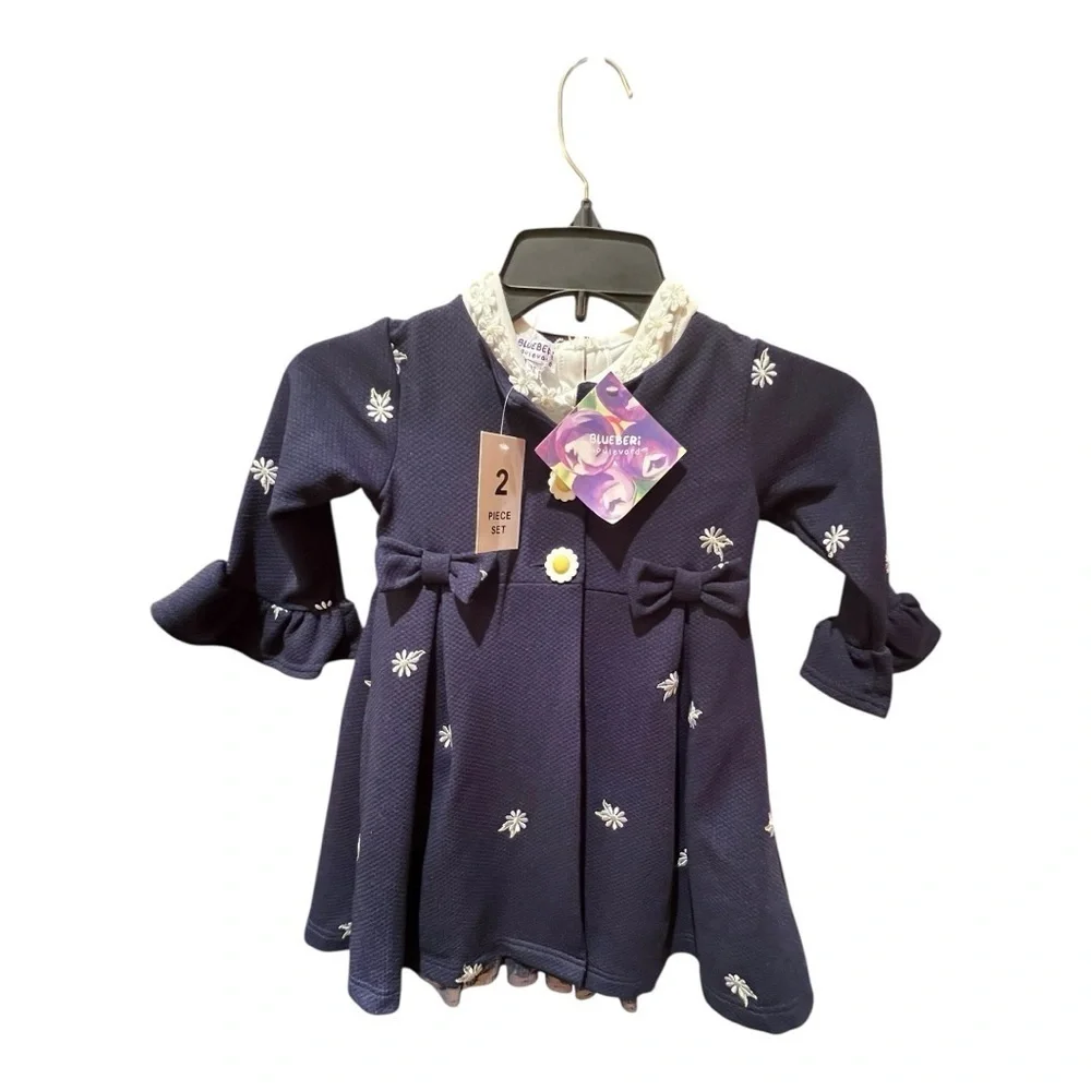 Blueberi Boulevard Girls Navy Coat Dress with White Embroidery Flowers Size 3T